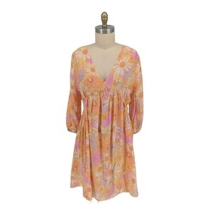 01479 H&M Floral V Neck Tunic Dress Yellow Size M/L bohemian cottagecore hippie
